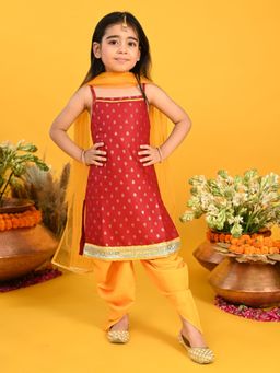 SAKA DESIGNS - Girls Maroon and Mustard Printed Kurta with Dhoti and Dupatta (Set of 3)