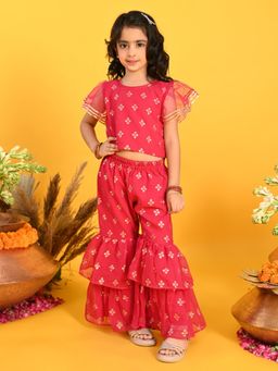 SAKA DESIGNS - Girls Maroon Printed Top with Sharara (Set of 2)