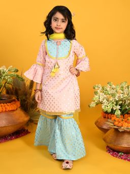 SAKA DESIGNS - Girls Pink and Blue Printed Kurta Sharara with Dupatta (Set of 3)