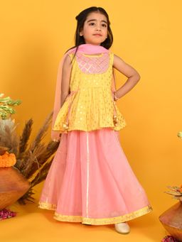 SAKA DESIGNS - Girls Printed Lehenga Choli with Dupatta Yellow and Pink (Set of 3)