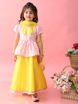 SAKA DESIGNS - Girls Printed Lehenga Choli with Dupatta Yellow and Pink (Set of 3)