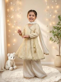 JILMIL - Girls Off-White Angarkha Kurta Palazzo With Dupatta