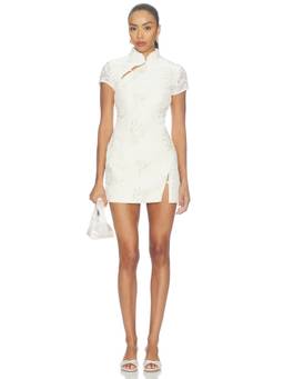 Kim Shui - Haylee Qipao Women's Sequin Floral Lace Trim Mini Dress White