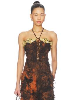 Kim Shui - Burnt Orange Women's Halter Neck Fringe Corset Top Orange