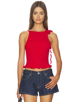 MAJORELLE - Crochet Flower Women's Rib Knit Sleeveless Crop Tank Top Red