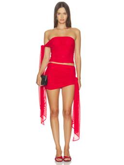 MAJORELLE - Women's Ruched Off Shoulder Mesh Top Red