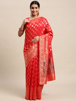 Shrithi Fashion Fab - Red Woven Design Banarasi Saree with Unstitched Blouse