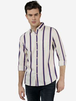 JadeBlue - Mens Striped Blue Slim Fit Full Sleeve Cutaway Collar Casual Shirt