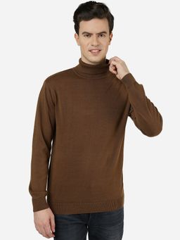 JadeBlue - Mens Solid Brown Slim Fit Full Sleeve High Neck Winter Sweater