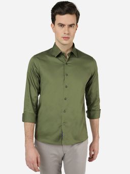 Greenfibre - Mens Solid Green Slim Fit Full Sleeve Cutaway Collar Casual Shirt