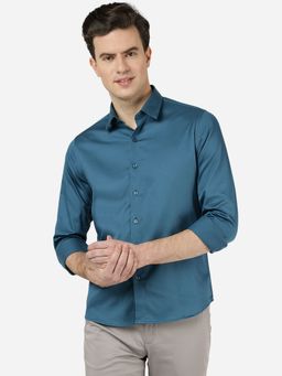 Greenfibre - Mens Solid Blue Slim Fit Full Sleeve Cutaway Collar Casual Shirt
