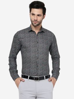 JB Studio - Mens Printed Black Slim Fit Full Sleeve Cutaway Collar Party Wear Shirt