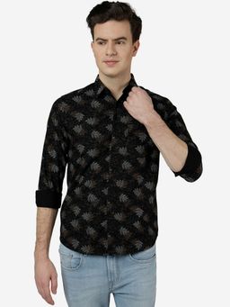 Greenfibre - Mens Printed Black Slim Fit Full Sleeve Cutaway Collar Casual Shirt