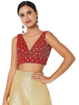 SALWAR STUDIO - Womens Red Velvet Embellished Readymade Saree Blouse