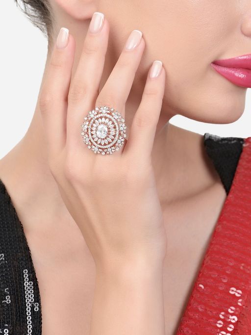 Zaveri Pearls Rose Gold Cubic Zirconia Party Bling Statement Brass Ring-ZPFK15427