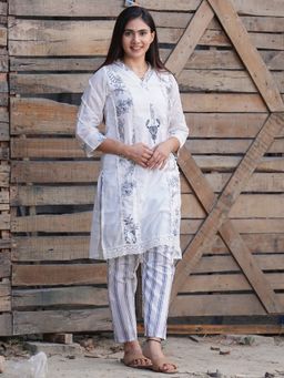 Zuri - White Blue Print Embroidered Silk Kurta
