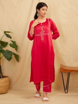 Zuri - Pink Embroidered Satin Silk Kurta