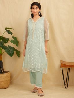 Zuri - Sea Green Embroidered Organza Kurta