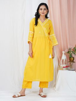 Zuri - Yellow Embroidered Cotton Angrakha Kurta
