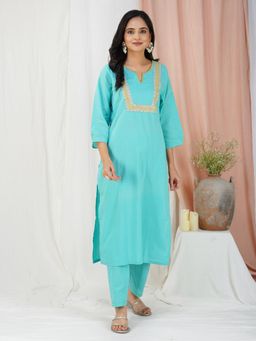 Zuri - Firozi Kantha Embroidered Cotton Kurta