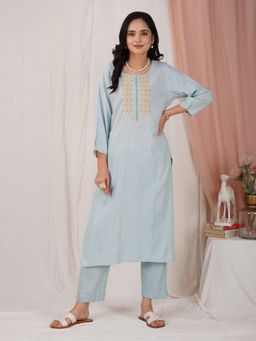 Zuri - Blue Kantha Embroidered Cotton Kurta