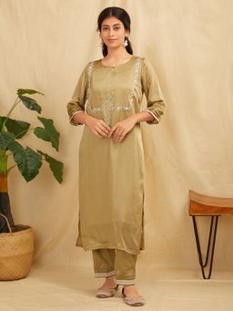 Zuri - Sage Green Embroidered Satin Silk Kurta