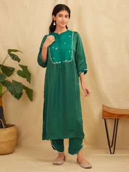 Zuri - Emerald Green Embroidered Satin Silk Kurta