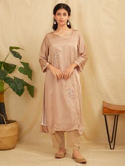 Zuri - Beige Embroidered Satin Silk Kurta