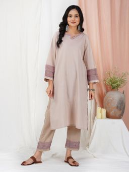 Zuri - Taupe Hand Embroidered multicolor Cotton Kurta