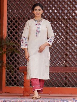 Zuri - Beige Floral Printed Cotton Kurta