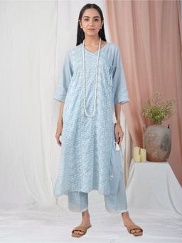 Zuri - Sky Blue Embroidered Cotton Angrakha Kurta