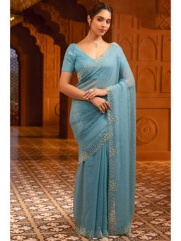 Soch - Women Powder Blue Organza Saree with Unstitched Blouse