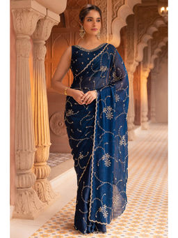 Soch - Women Teal Blue Organza Saree with Unstitched Blouse