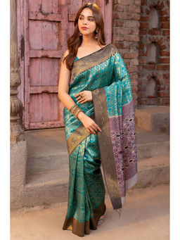 Soch - Women Turquoise Blue Tussar Zari Woven Saree with Unstitched Blouse