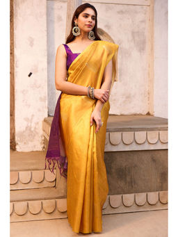 Soch - Women Mustard Tussar Woven Design Saree with Unstitched Blouse