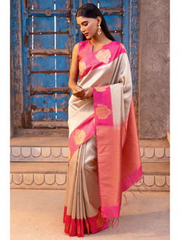 Soch - Women Beige Tussar Zari Woven Saree with Unstitched Blouse