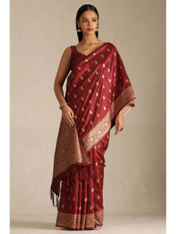 Soch - Women Maroon Tussar Zari Woven Saree with Unstitched Blouse
