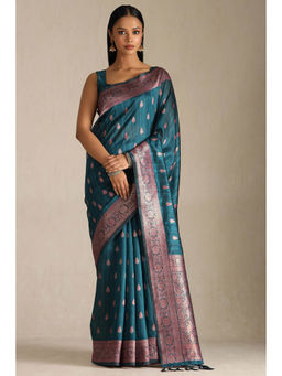 Soch - Women Teal Tussar Zari Woven Saree with Unstitched Blouse