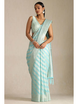 Soch - Women Turquoise Blue Tussar Woven Design Saree with Unstitched Blouse