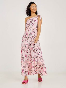 Styli - Pink One Shoulder Neck Floral Print A-line Maxi Dress
