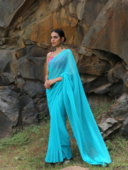 Swtantra - Turquoise Chiffon Saree With Bronze Lace