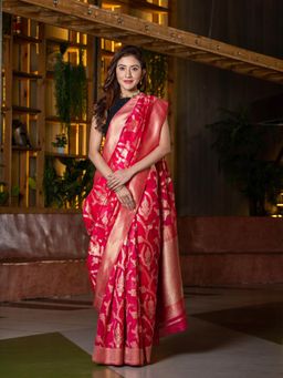 Beatitude - Pink Gold-Toned Zari Organza Saree with Unstitched Blouse