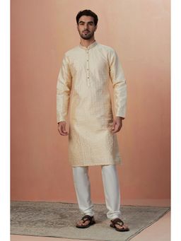Manyavar - Art Silk Fawn All Over Self Design Mandarin Collar Kurta with Pencil Pajama (Set of 2)