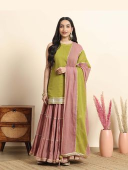 Sarvaa by Kriti - Geen Sarang Gota Work Kurta and Skirt Set with Dupatta