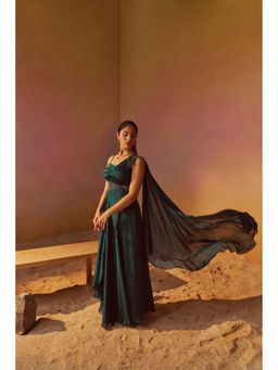 Qunic - Dark Turquoise Indowestern Gown with Hand Embroidery