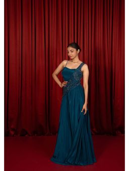 Qunic - Yellowish Green Indowestern Gown with Hand Embroidery