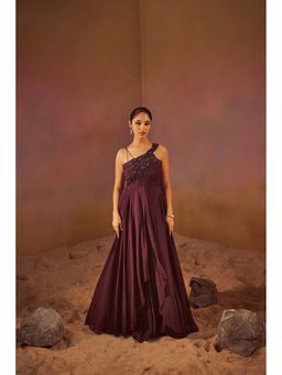 Qunic - Wine Indowestern Gown with Hand Embroidery