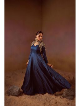 Qunic - Deep Sea Blue Gown with Seperate Full Sleeves Jacket