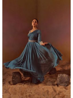 Qunic - Greyish Blue Full Sleeves Indowestern Gown with Mirror Work