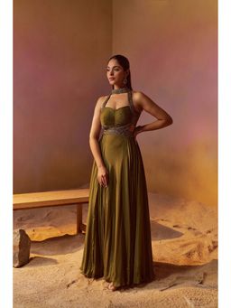 Qunic - Dusty Olive Green Halterneck Indowestern Gown with Hand Embroidery